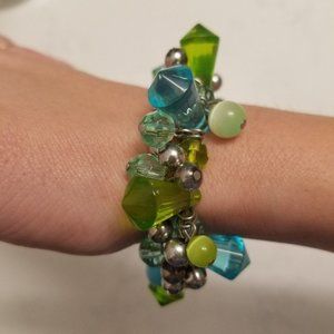 Blue Green Silver Beaded Bracelet Stretch Preppy Colorful Boho Glam Classic Work